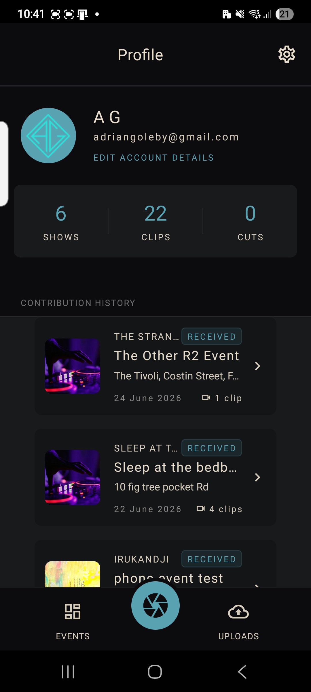Showgaze Android beta profile and contribution screen
